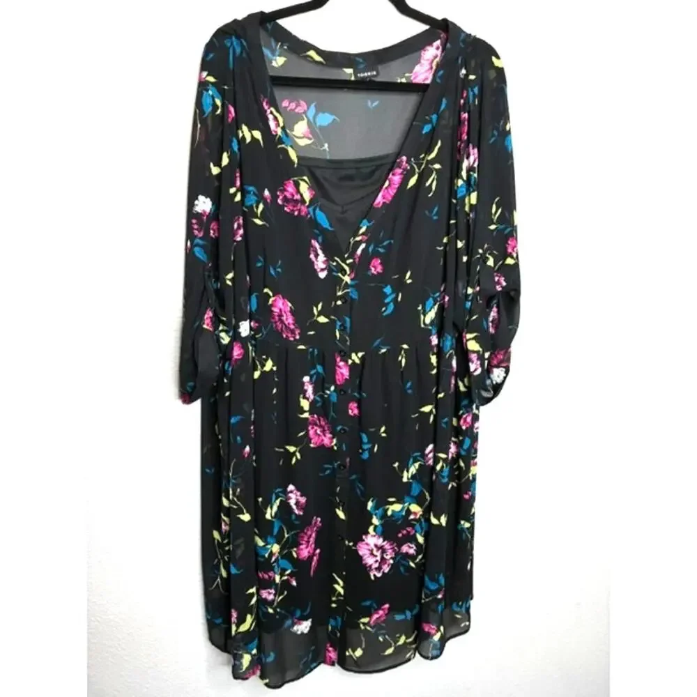 Torrid Black Floral Midi Dress Sz 4 (4XL) Tiered Chiffon Boho Flutter Sleeve - Picture 3 of 12